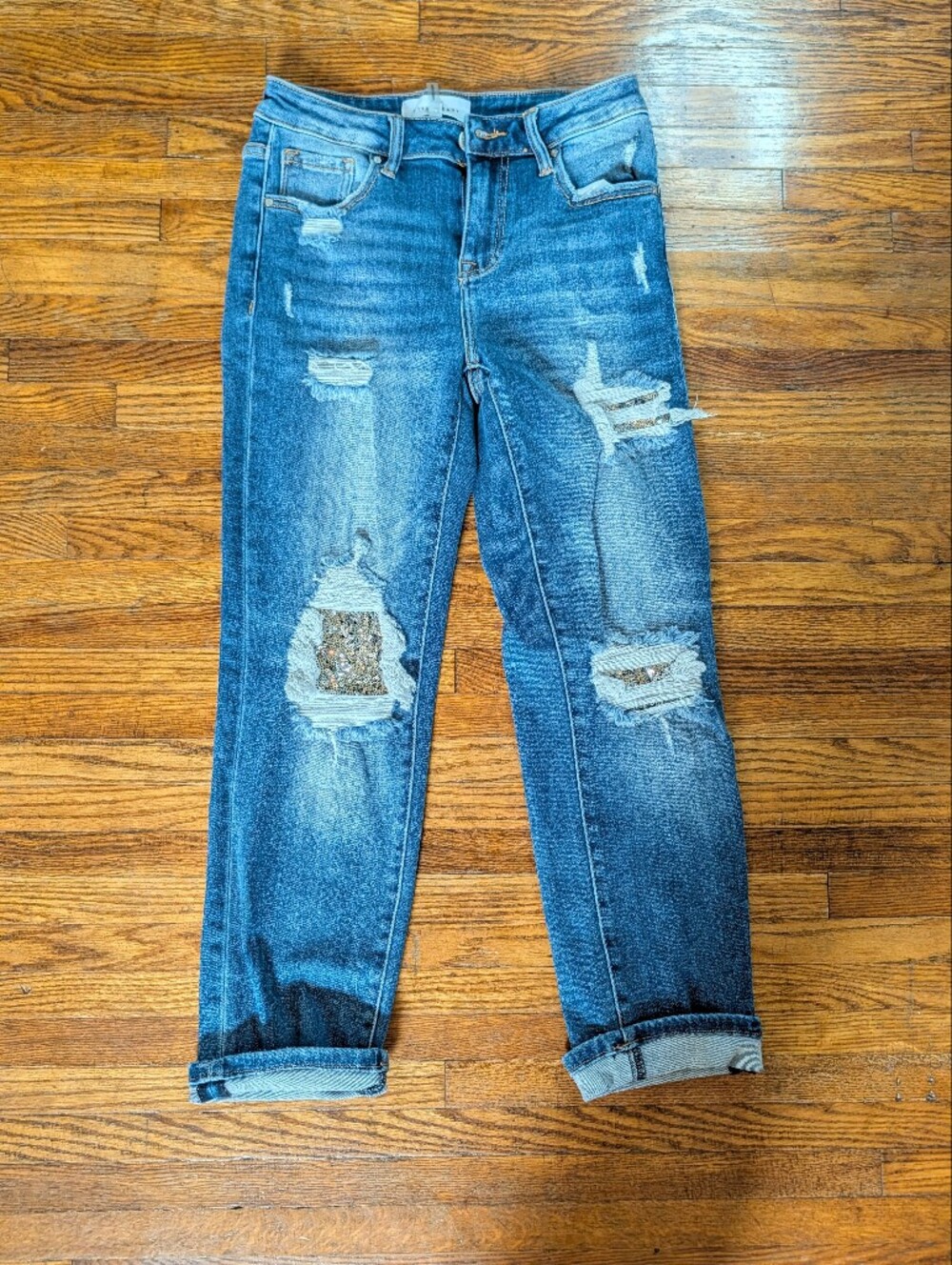 Distressed Blue Skinny Jeans with Sequin Patch Detail